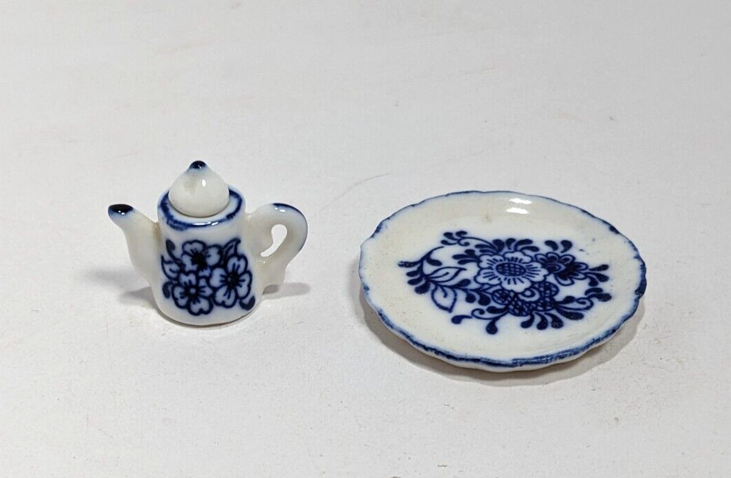 Dollhouse Tea Set with Blue White Floral Ceramic 1:12 Scale Miniature
