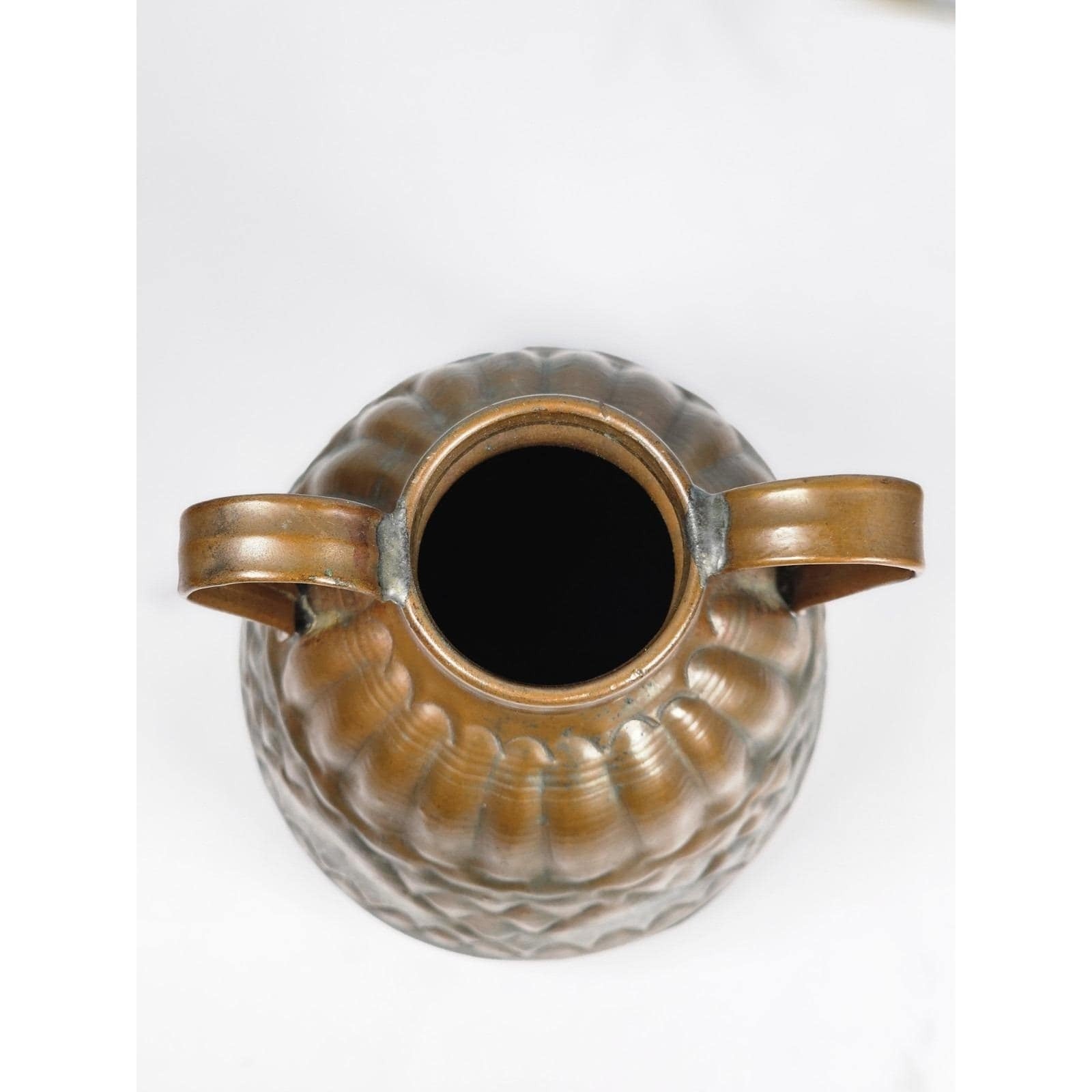 Vintage Hammered Copper Pitcher with Dual Handles Scalloped Design