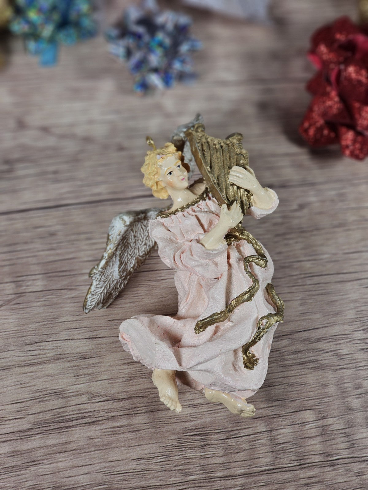 Vintage 90s Resin Angel Ornament With Harp 4" Pale Pink