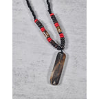 Vintage Tribal Script Pendant Necklace Wood & Red Beads