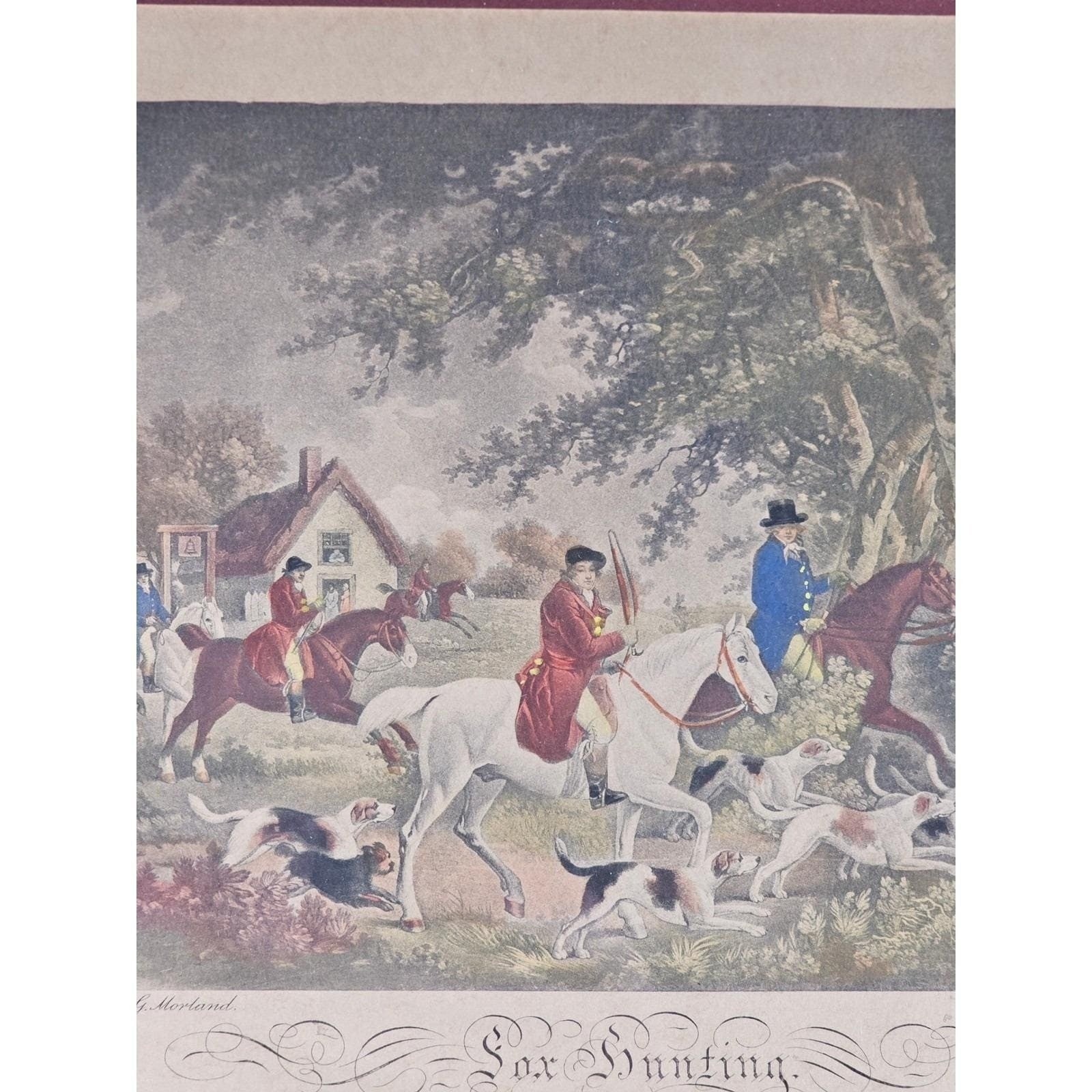 Antique Fox Hunting Print After George Morland Framed Equestrian Art