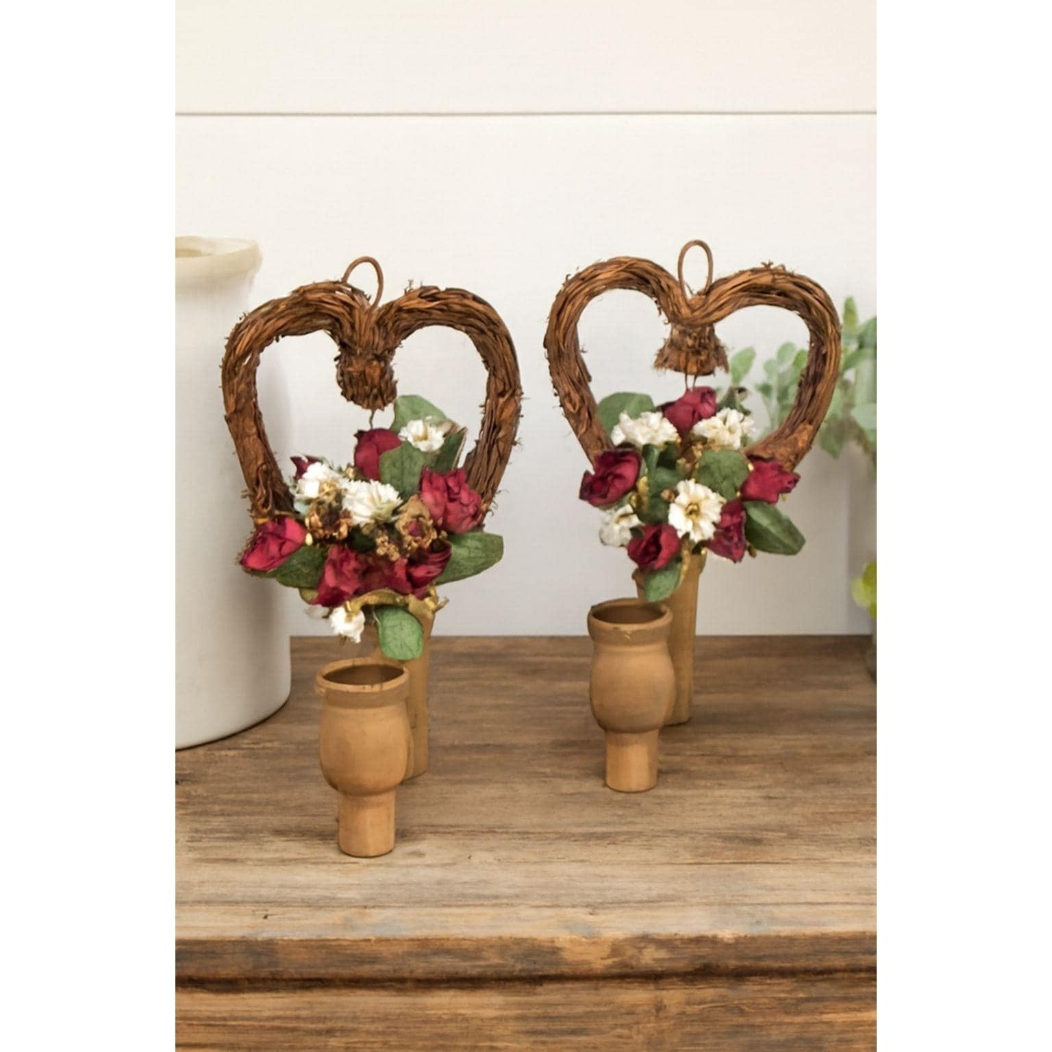 Vintage Grapevine Heart Wall Sconces Set of 2 Rustic Floral Candle Holders