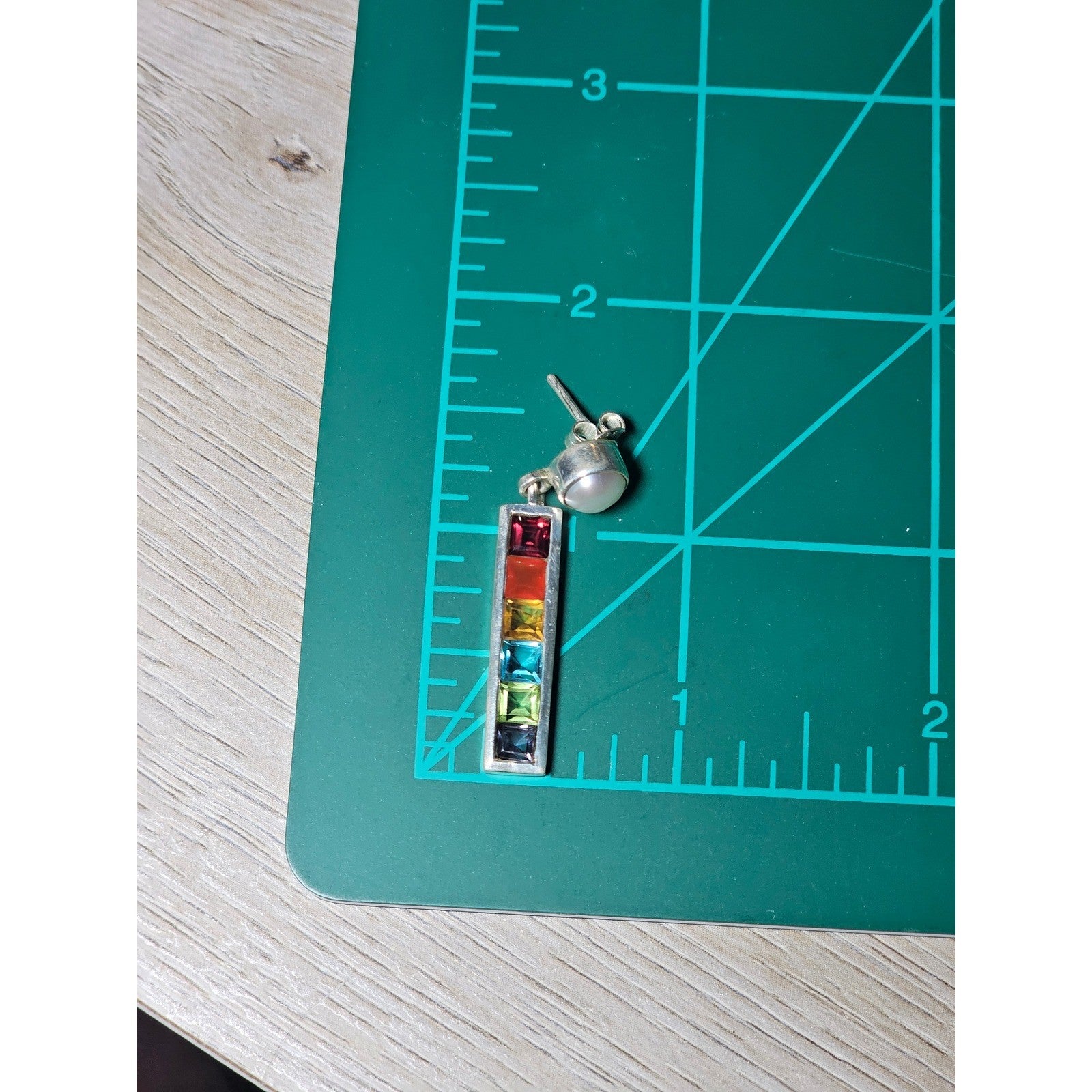 Vintage Rainbow Bar Drop Earrings with Pearl-Style Studs