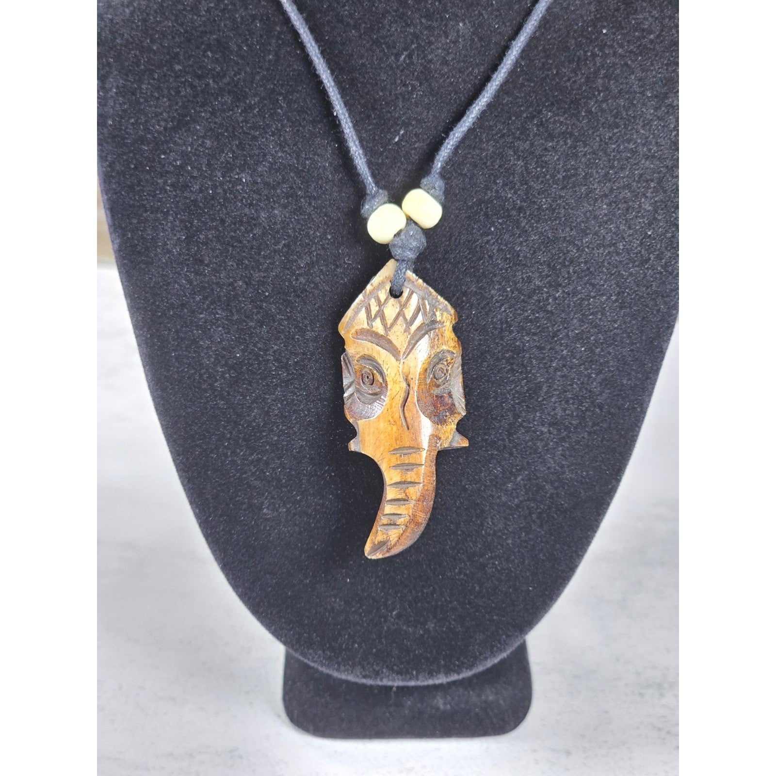 Vintage Hand Carved Tribal Mask Pendant Necklace Wood Beaded Cord
