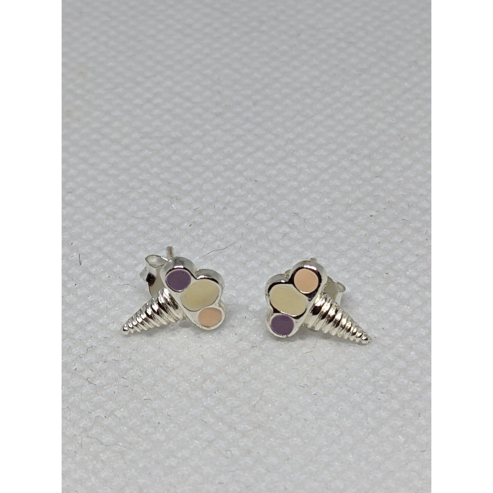 Vintage Set of 925 Sterling Silver Ice Cream Cone Stud Earrings Enamel Cute Fun