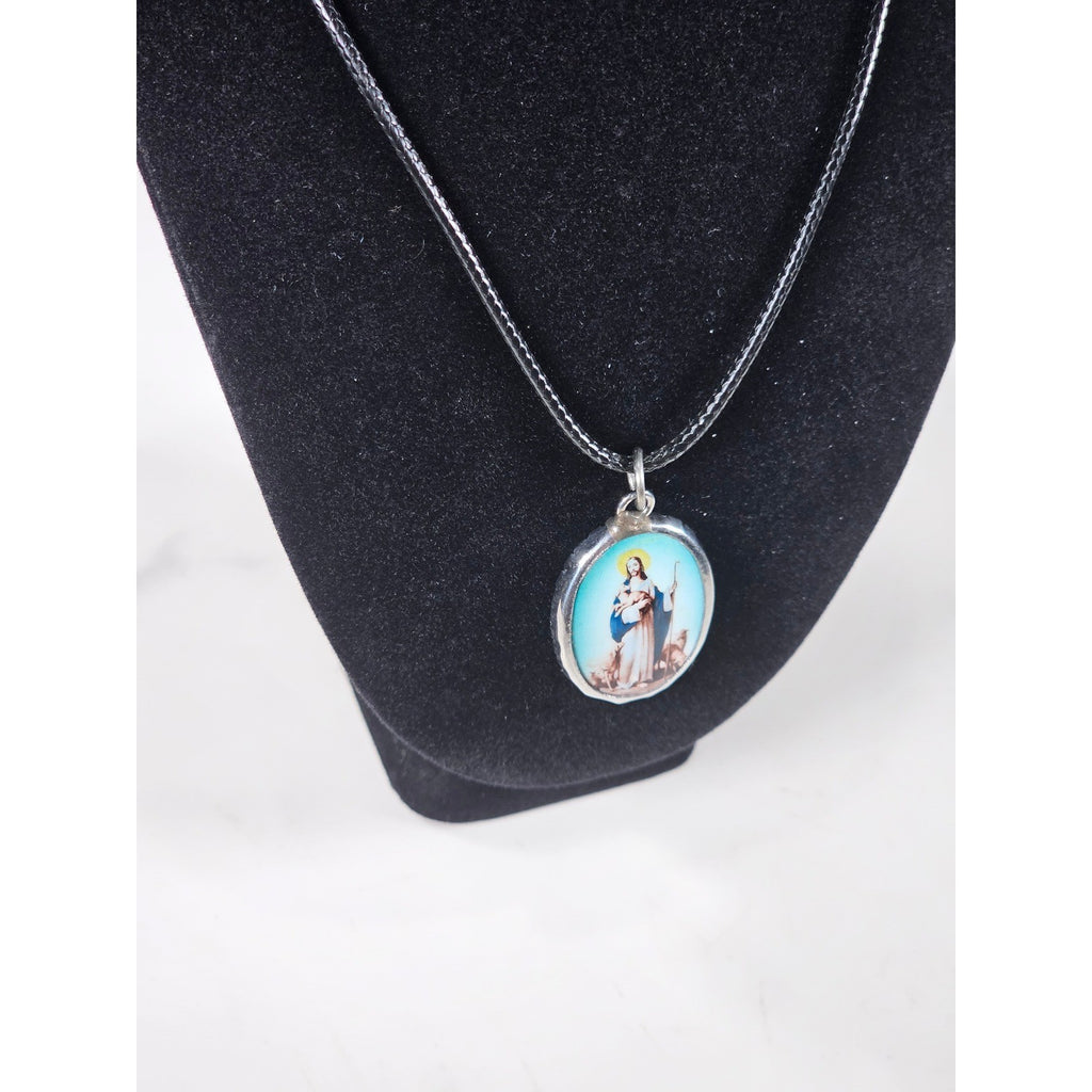 Vintage Religious Shepherd Pendant Aqua Blue Medallion