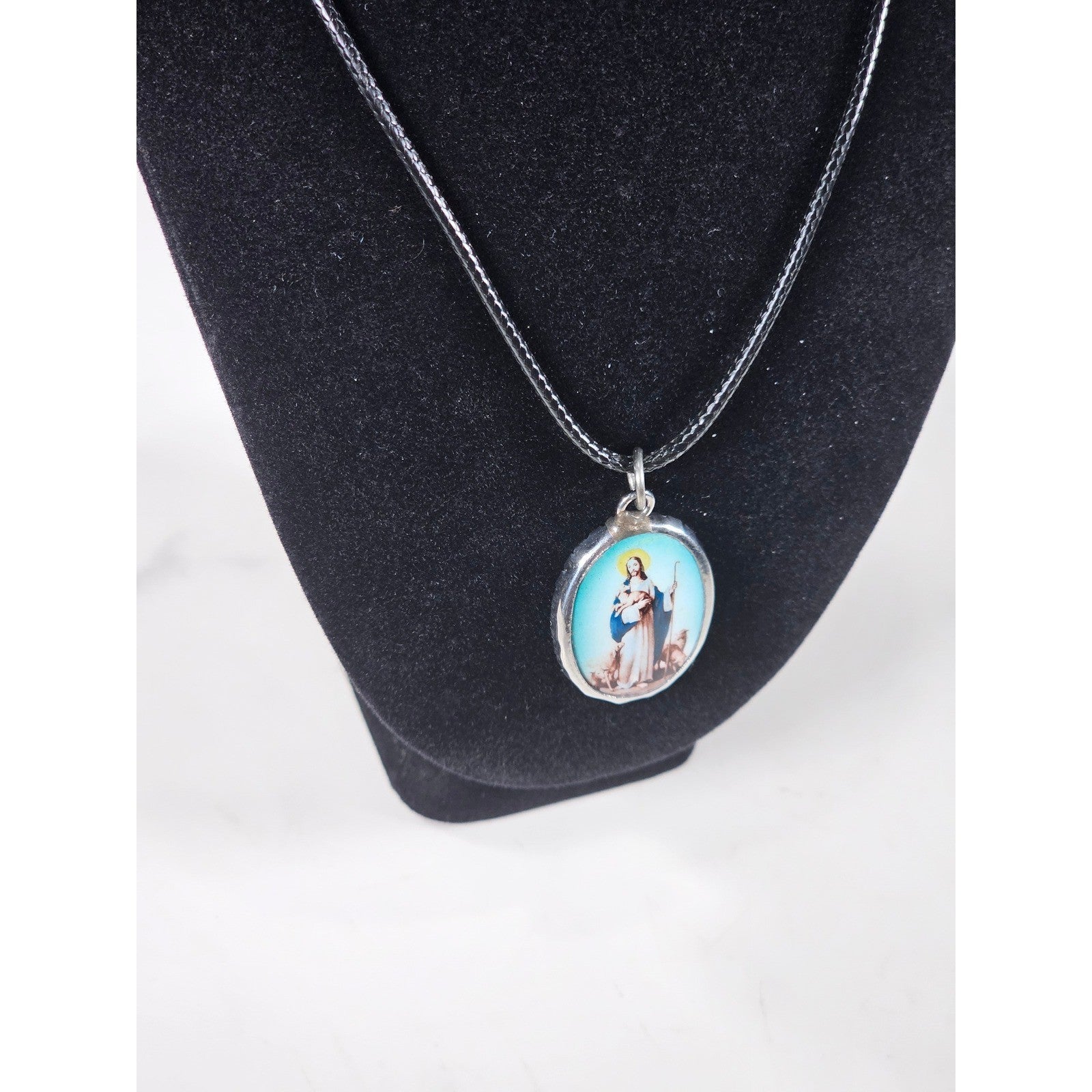 Vintage Religious Shepherd Pendant Aqua Blue Medallion