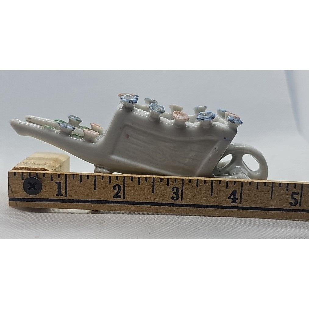 Vintage White Ceramic Mini Wheelbarrow Planter | Floral Antique Decor