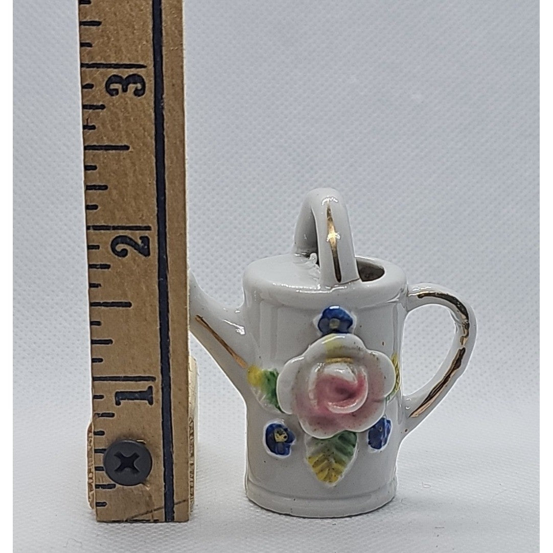 Miniature Vintage Porcelain Watering Can Figurine Roses Gold Trim Japan 2″