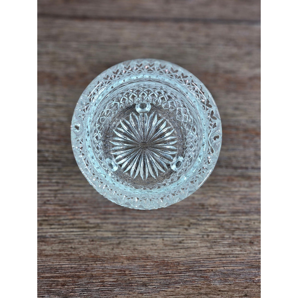 Vintage Cut Glass Footed Bowl 3x3 Diamond Pattern Trinket Dish