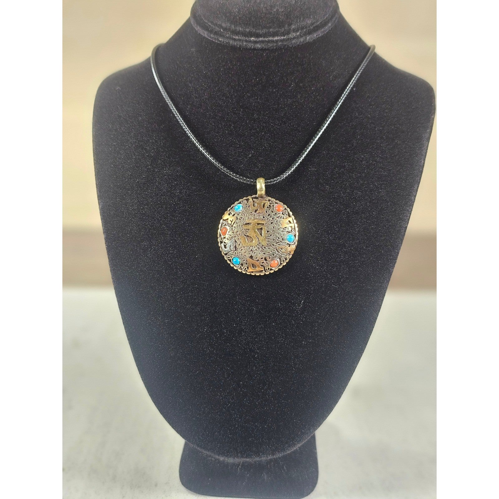 Vintage Om Medallion Pendant Necklace Brass Tone Multicolor Inlay