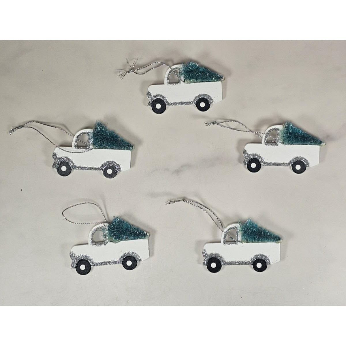 Set of 5 White Pickup Truck Christmas Ornaments with Tree Glitter Holiday Decor