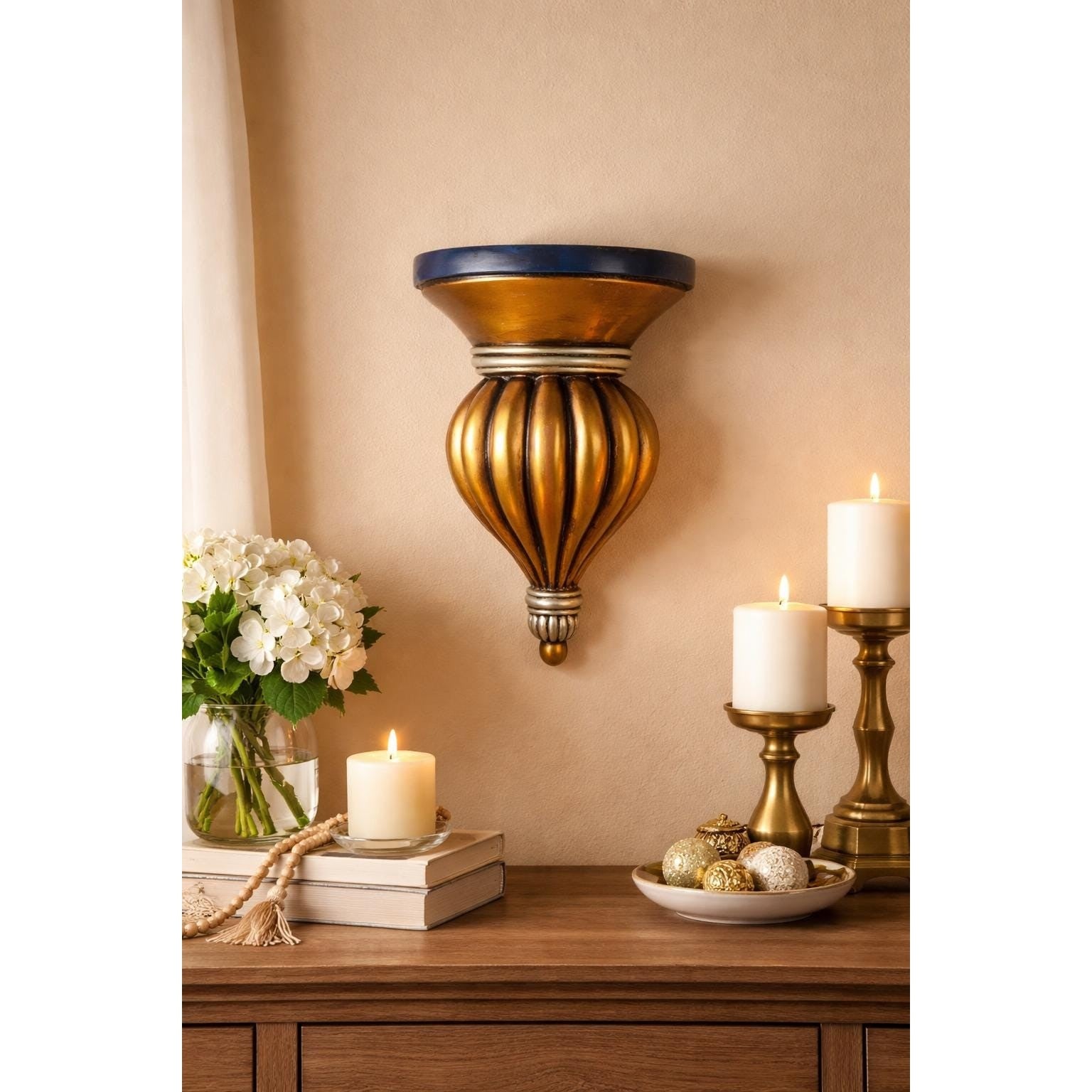 Vintage Wall Corbel Gold Blue Plate Holder Ornate Decorative Shelf