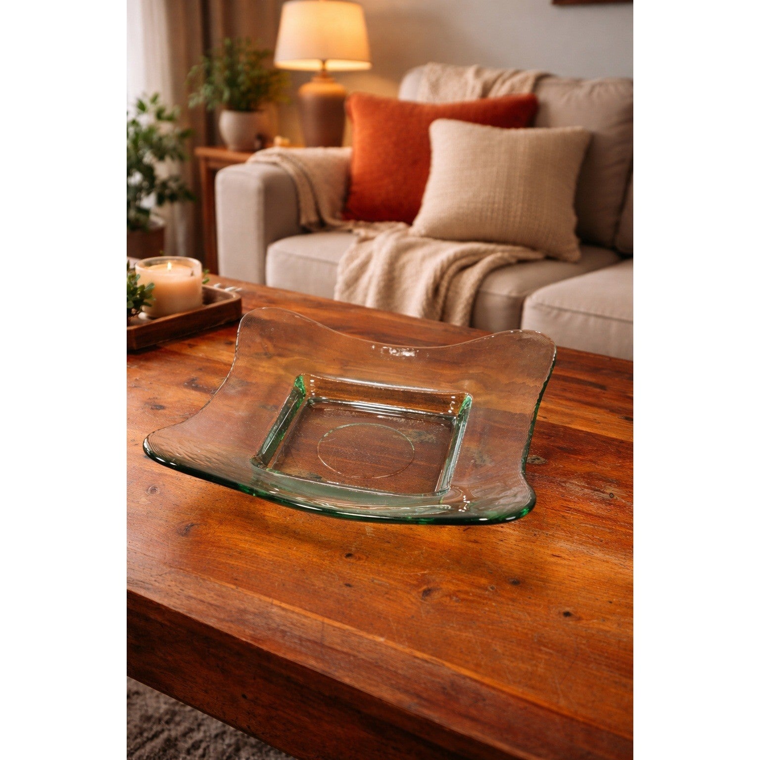 Vintage Green Glass Square Serving Dish Wavy Edge Plate Mid Century