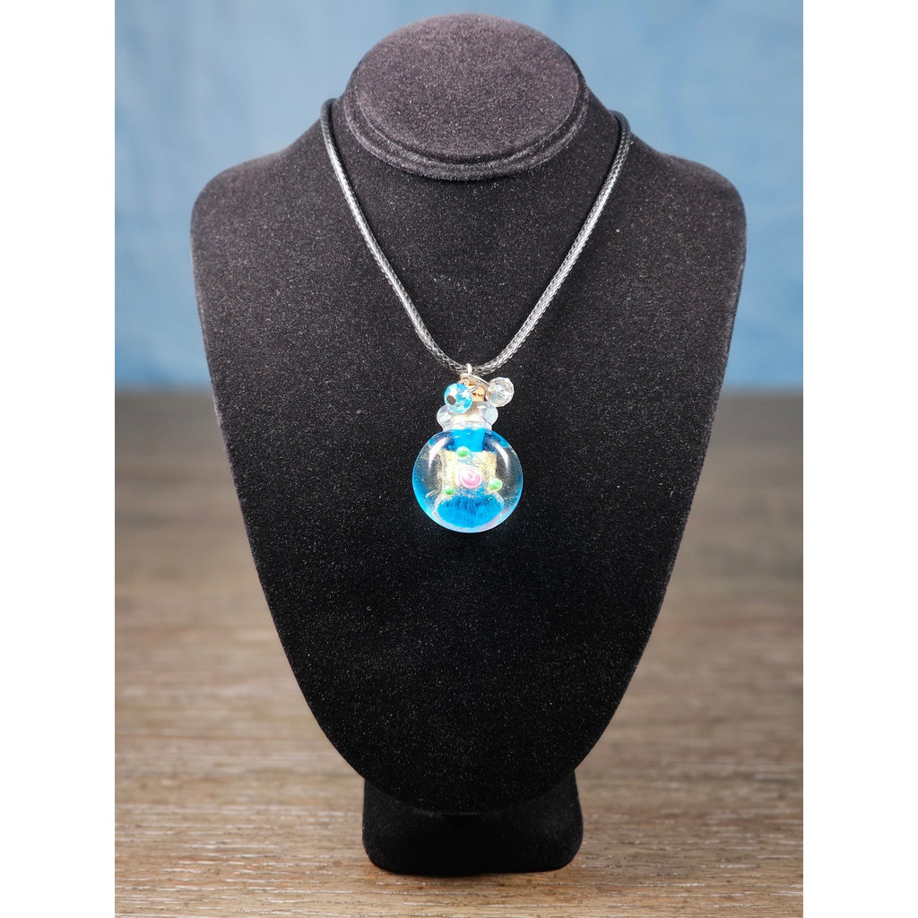 Glass Bottle Pendant Necklace Blue Floral Cork Vial Charm Necklace