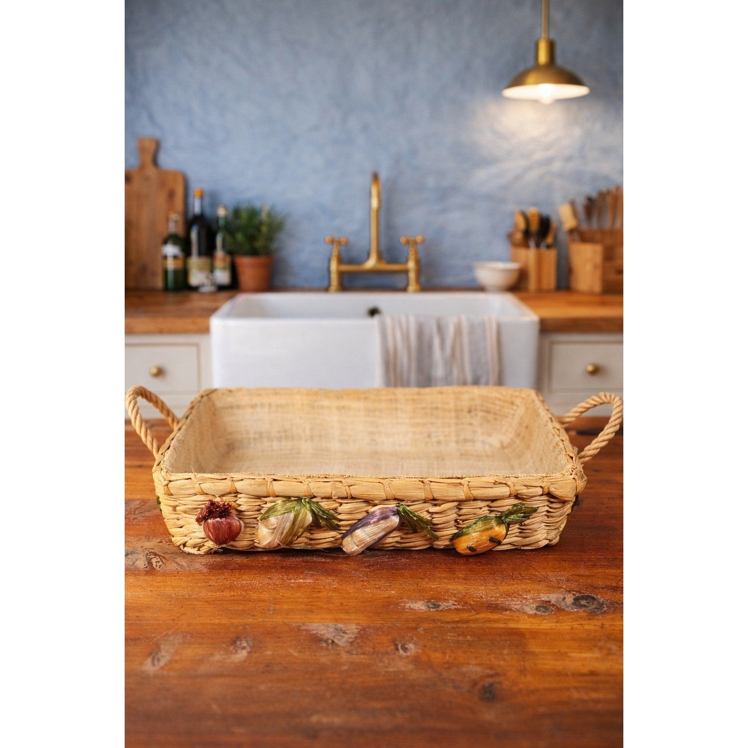 Vintage Woven Vegetable Basket Tray Farmhouse Kitchen Decor Rectangular