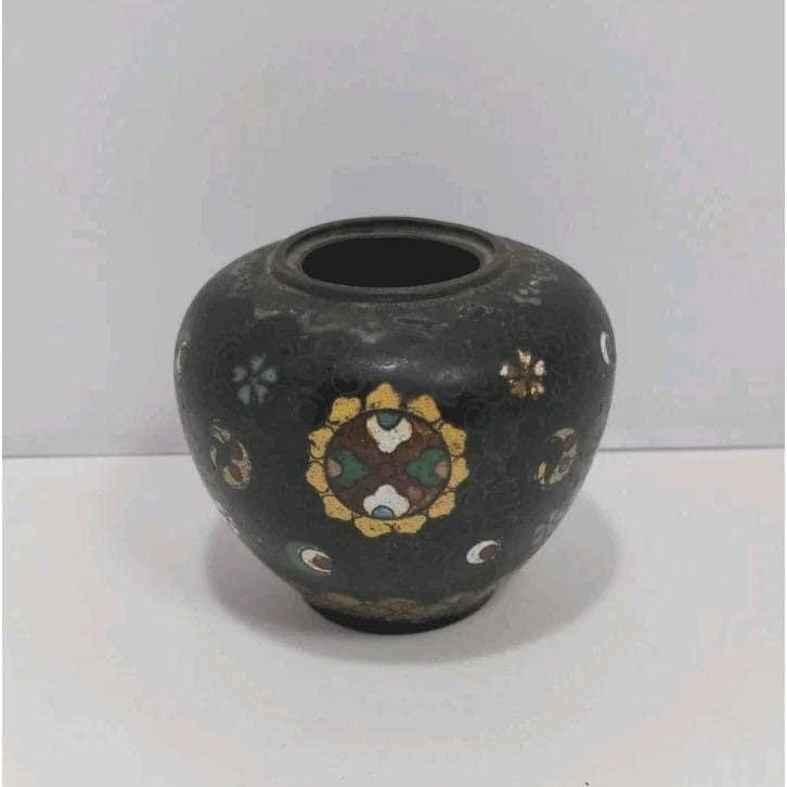 Vintage Cloisonne Mini Vase Black Floral Enamel 2.5" Collectible