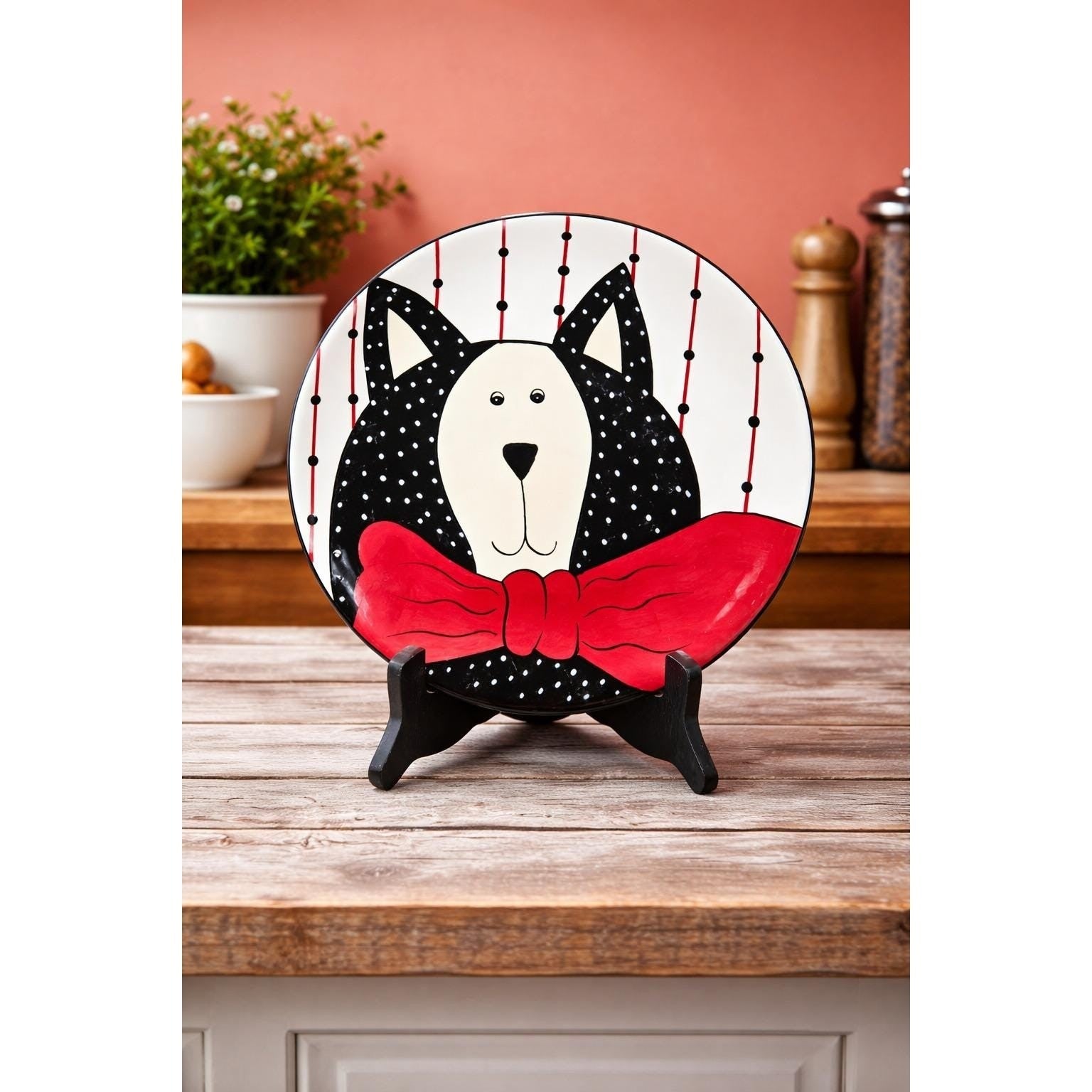 Vintage Boyd's Home Cat Decorative Plate Black White Red Bow 10 Inch