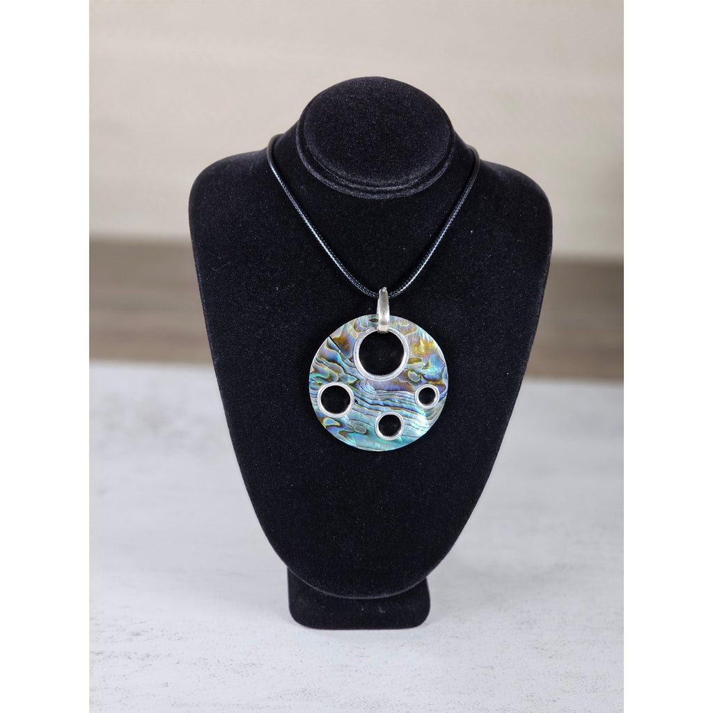 Vintage Abalone Shell Circle Pendant Necklace Silver Tone