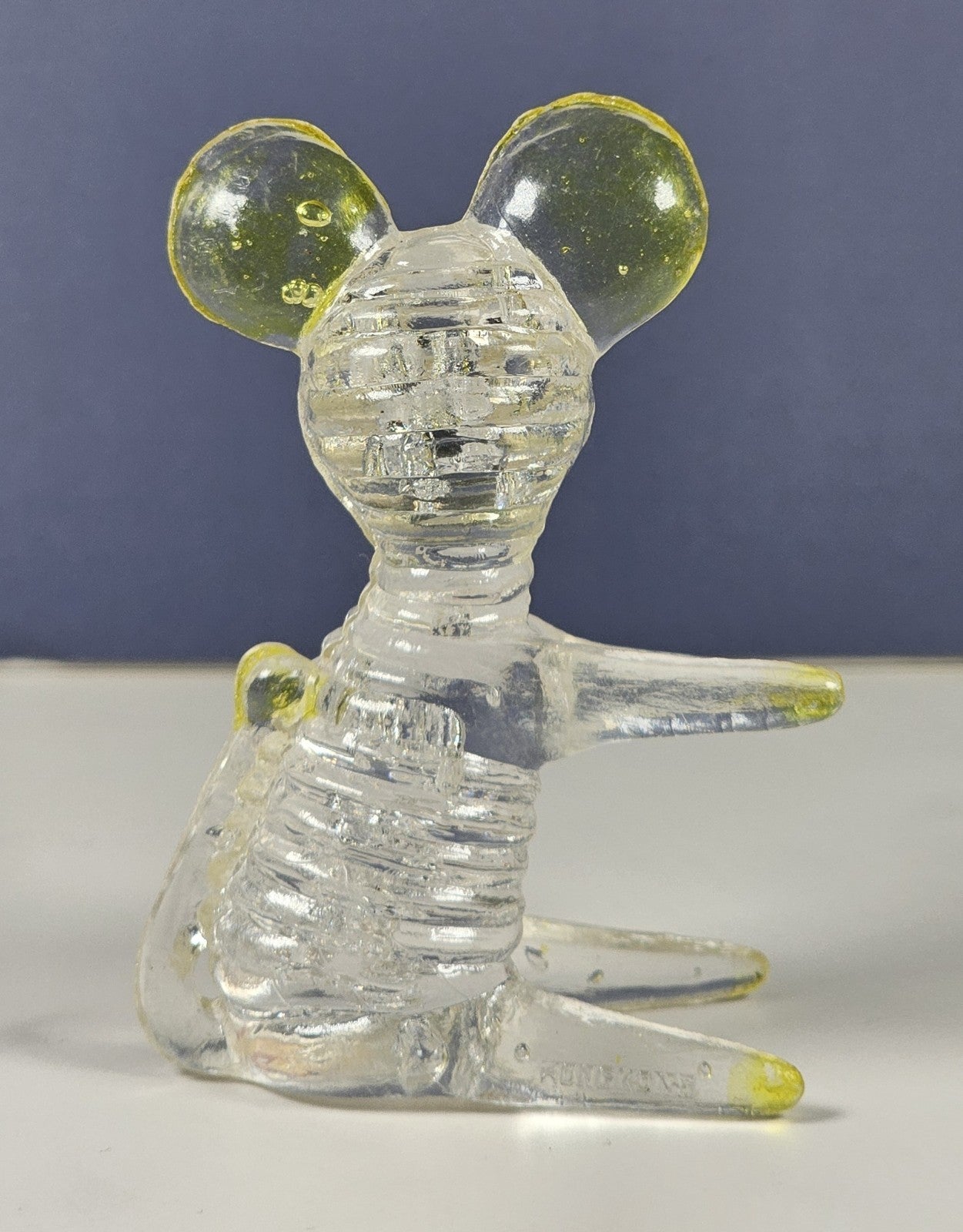 Set Of 2 Lucite Clear Acrylic Mouse Figurines 2 3/4 Inches With Yellow Ears & Ac