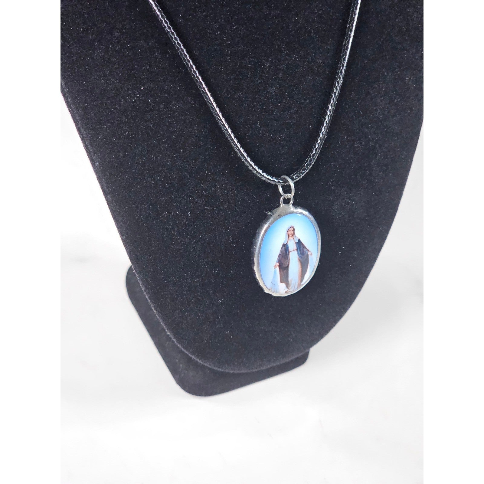 Vintage Blue Madonna Pendant Necklace with Cross Back