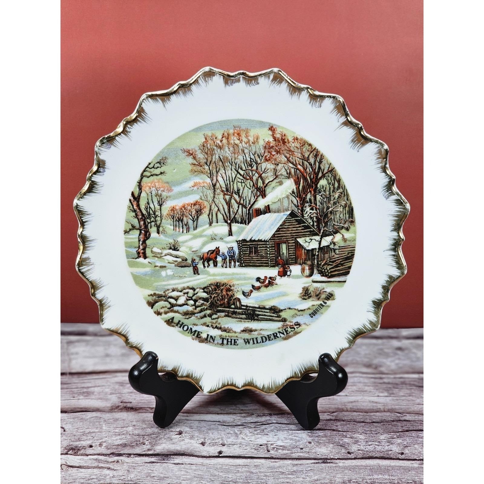 Vintage Currier & Ives "A Home in the Wilderness" Plate Gold Gilt 7"