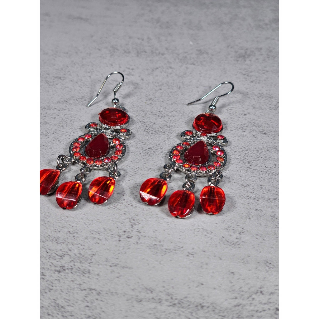 Vintage Red Rhinestone Drop Earrings Silver Tone Dangle Statement Jewelry