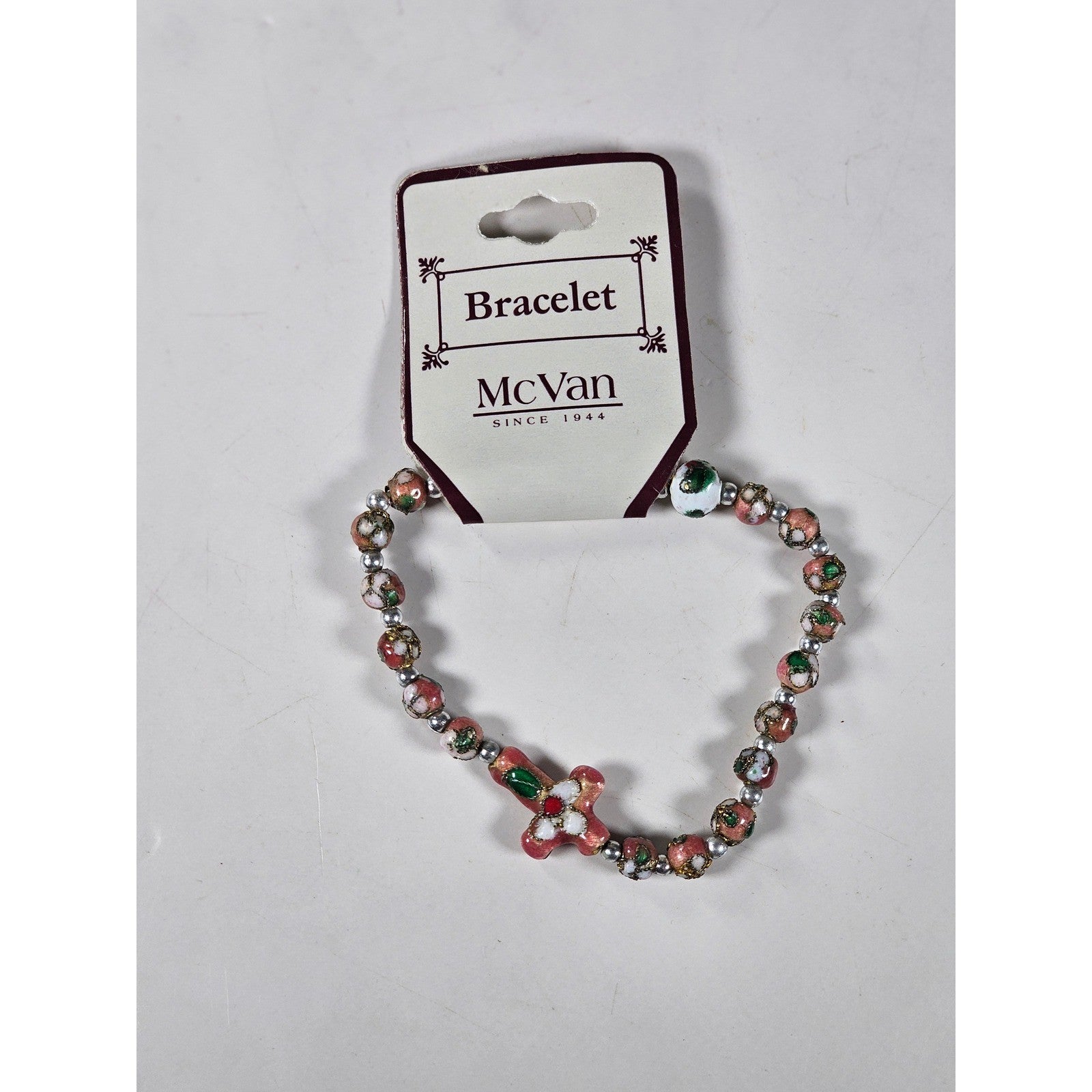 Vintage McVan Enamel Beaded Bracelet Floral Charm Pink Green