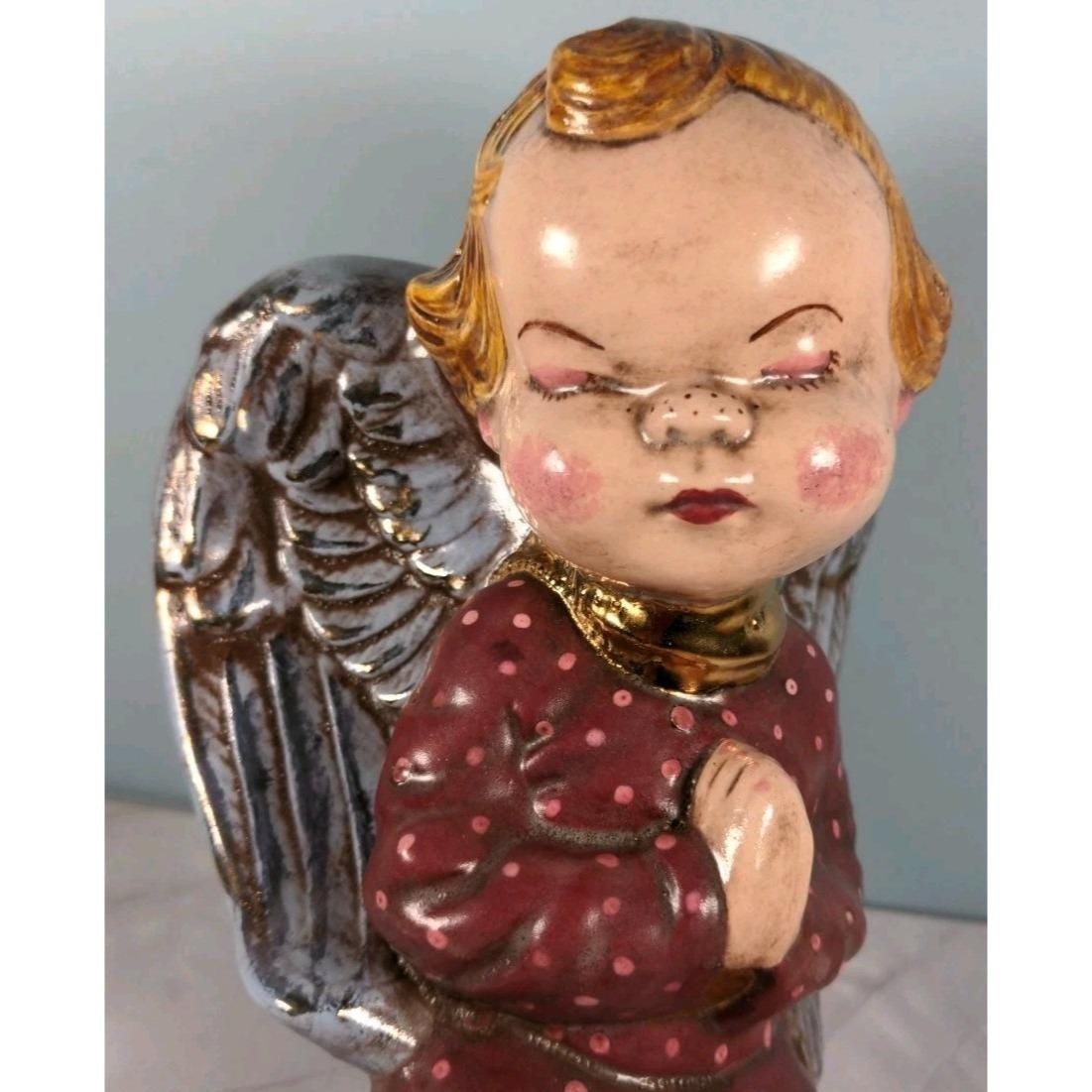 Vintage Kneeling Angel Planter Vase Ceramic Polka Dot