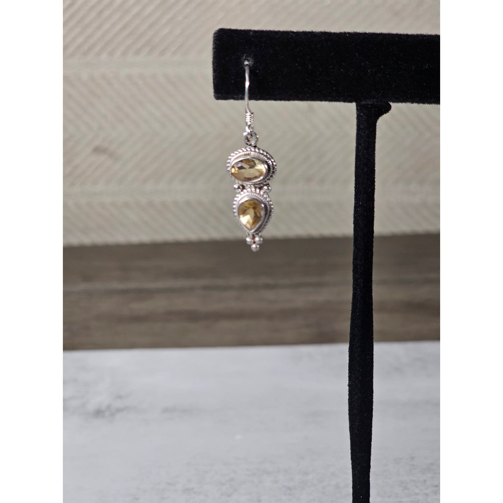 Vintage 925 Sterling Silver Citrine Drop Earrings Teardrop Dangle