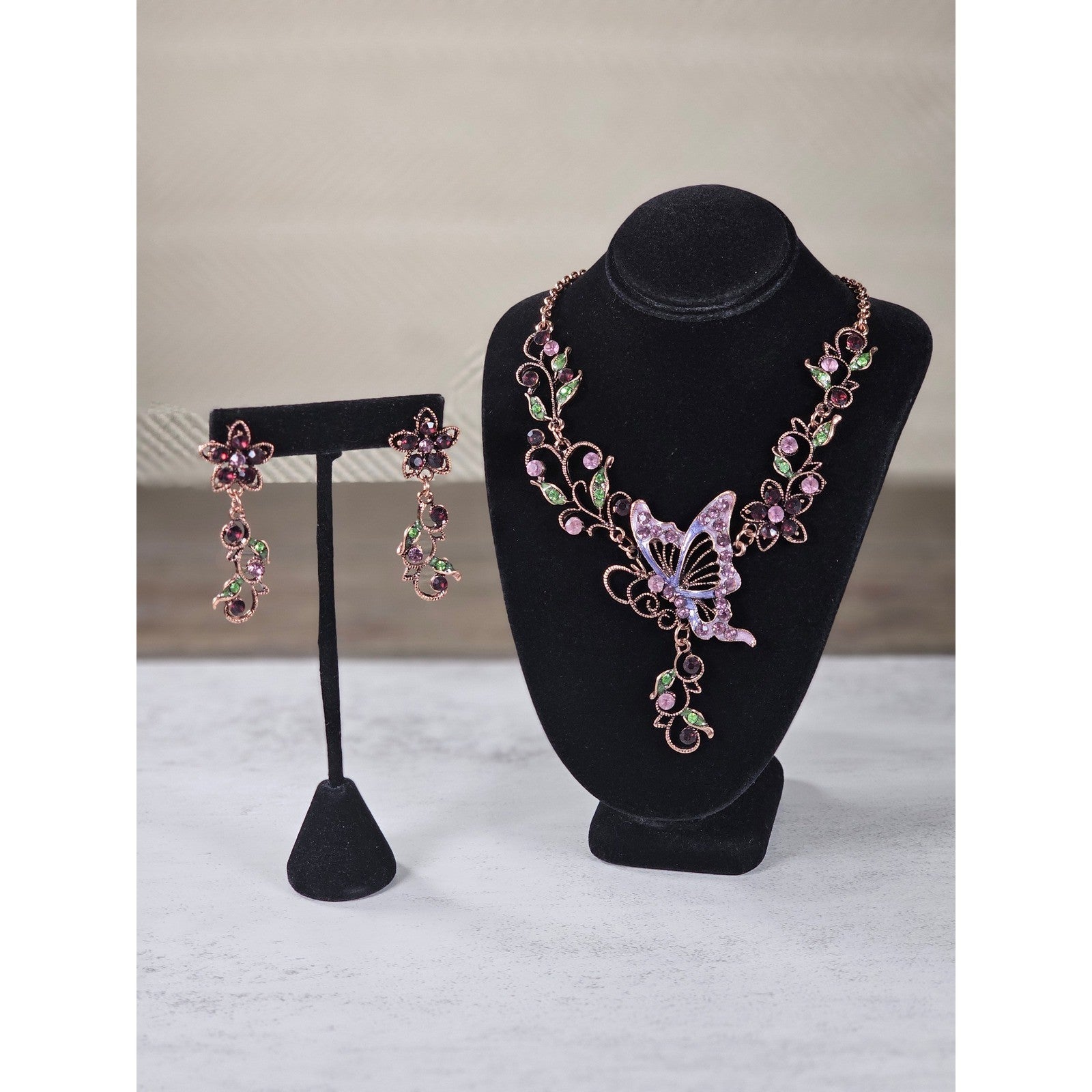 Vintage Butterfly Necklace Earring Set Purple Green Floral Gold Tone