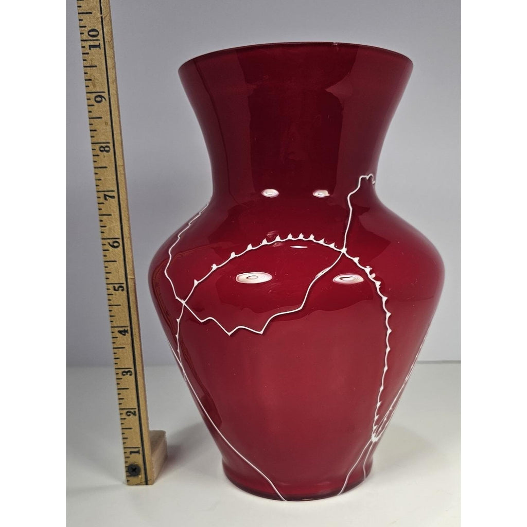 Red Glass Vase White Squiggle Lines Decorative Vase