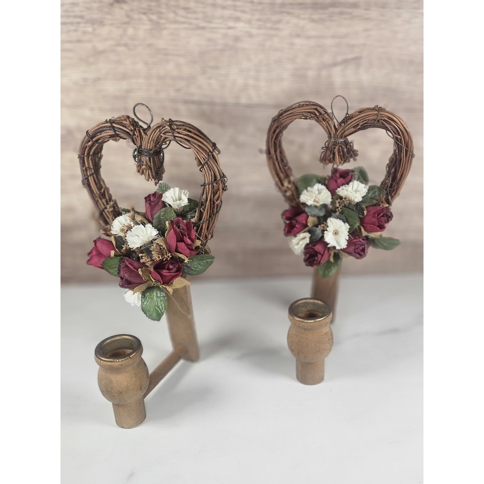 Vintage Grapevine Heart Wall Sconces Set of 2 Rustic Floral Candle Holders
