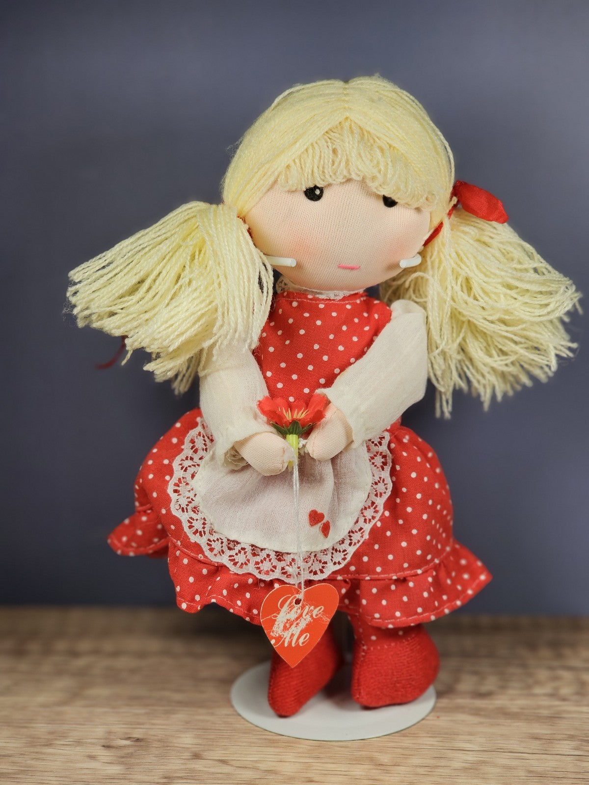 Vintage Rag Doll – Red Polka Dot Dress with Heart & Flower Accents