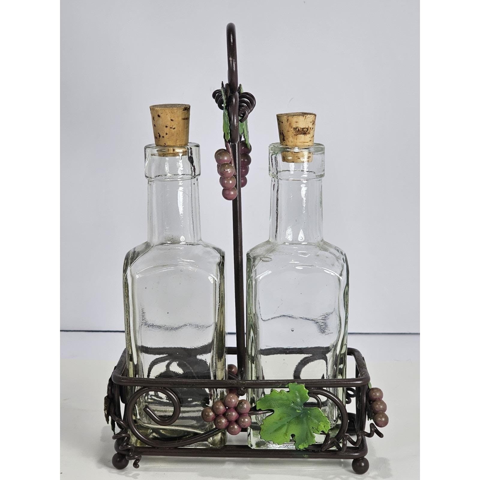 Vintage Oil Vinegar Cruet Set Glass Bottles Metal Caddy