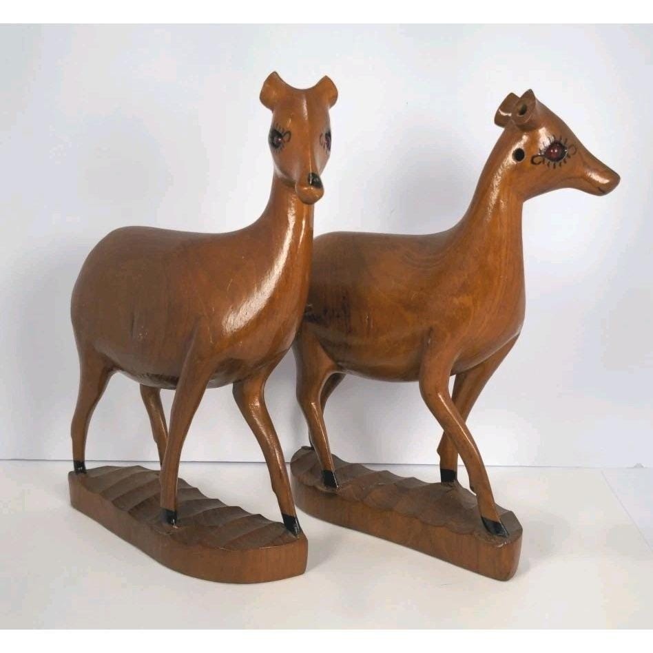 Vintage Hand Carved Wooden Deer Bookends Rustic Lodge Cabin Decor Pair