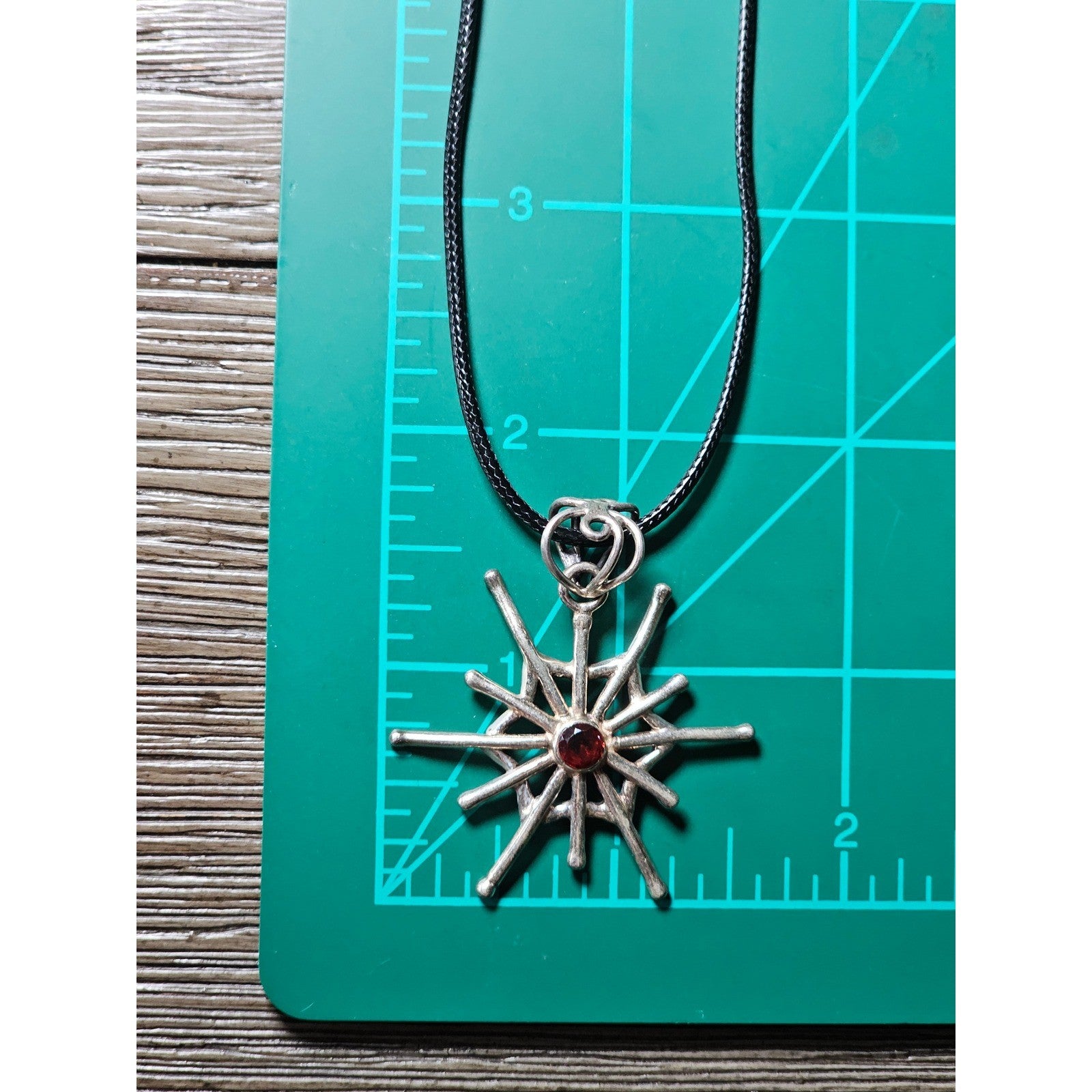 Vintage Starburst Pendant Necklace Red Stone Silver Tone