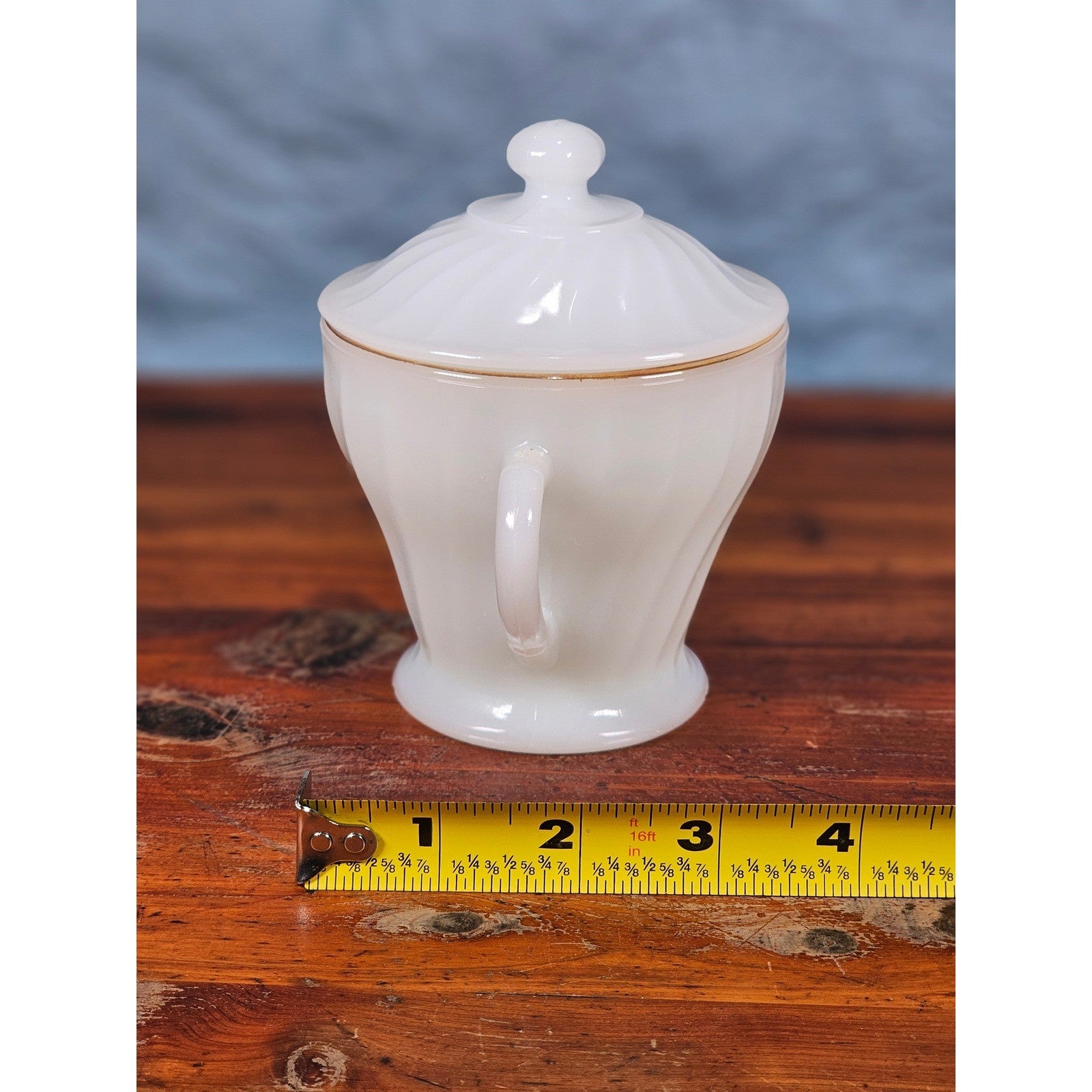 Vintage Milk Glass Sugar Bowl with Lid Gold Trim Fluted Handles