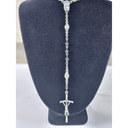 Vintage Black Bead Rosary Necklace Silver Tone Crucifix Catholic