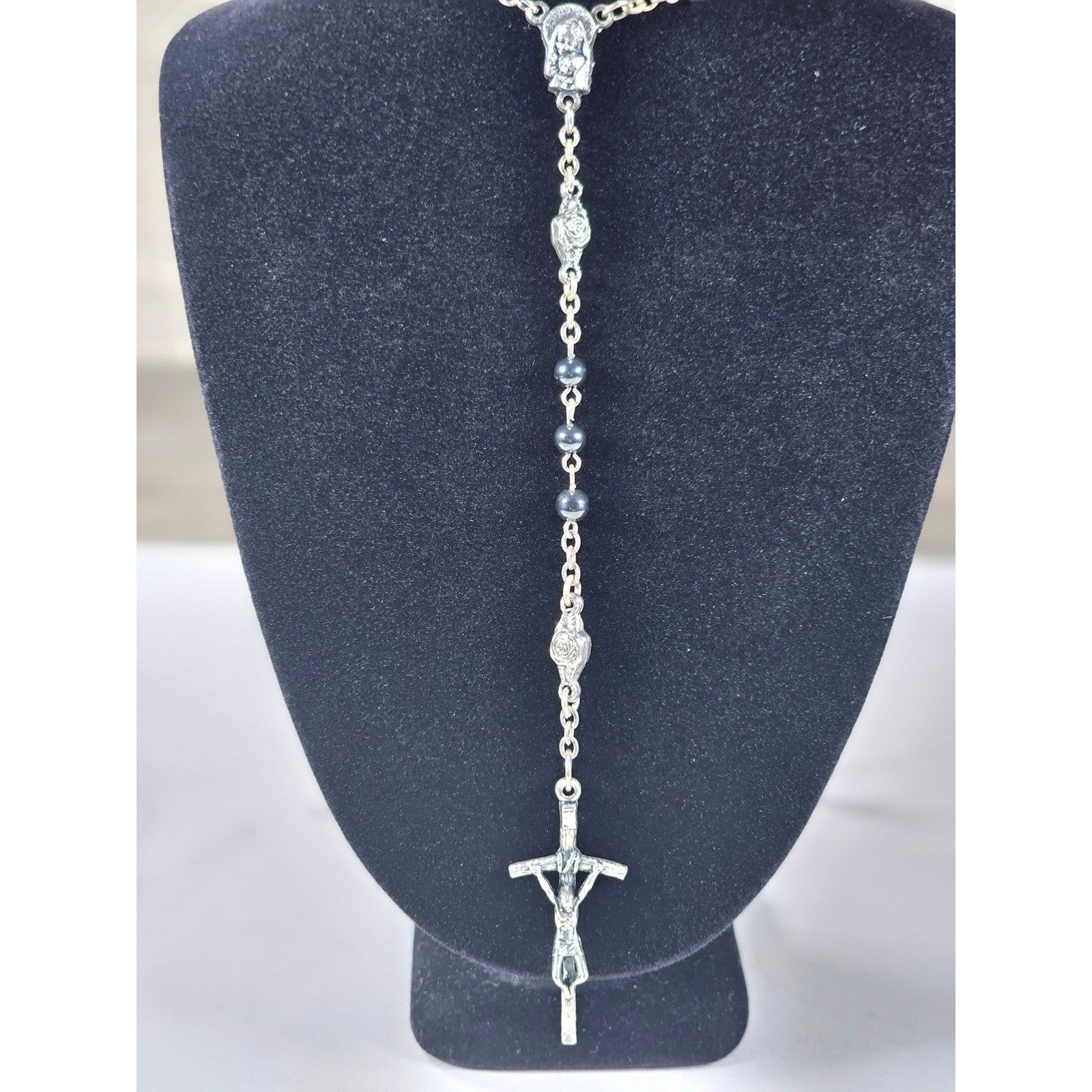 Vintage Black Bead Rosary Necklace Silver Tone Crucifix Catholic