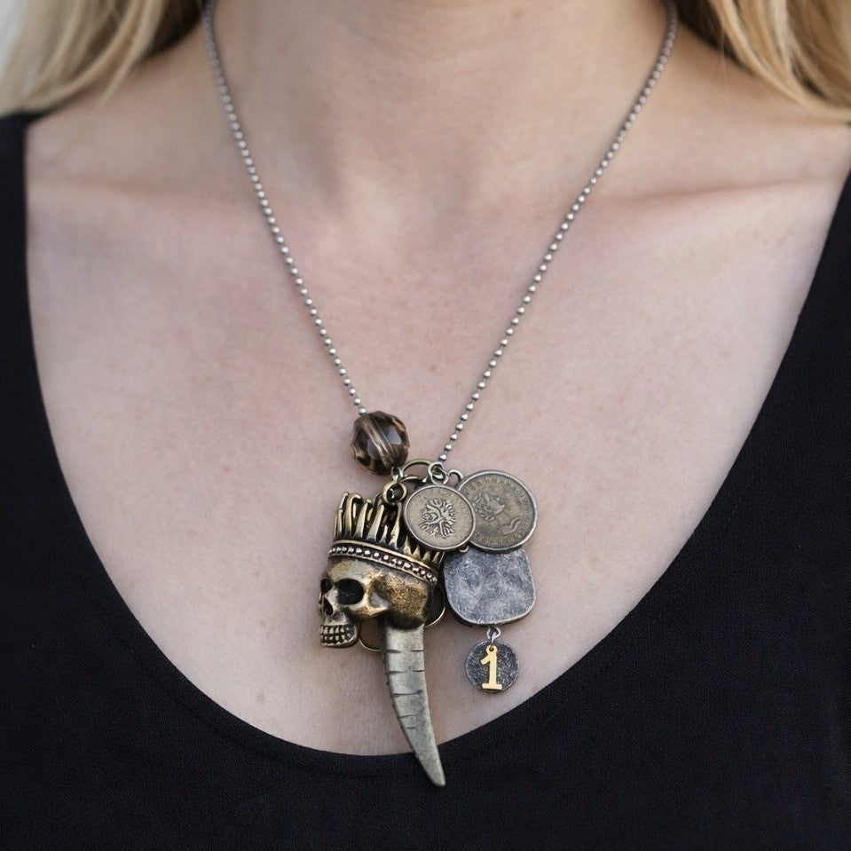 Mixed Charm Skull Crown Necklace with Coin Charms & Tusk Pendant