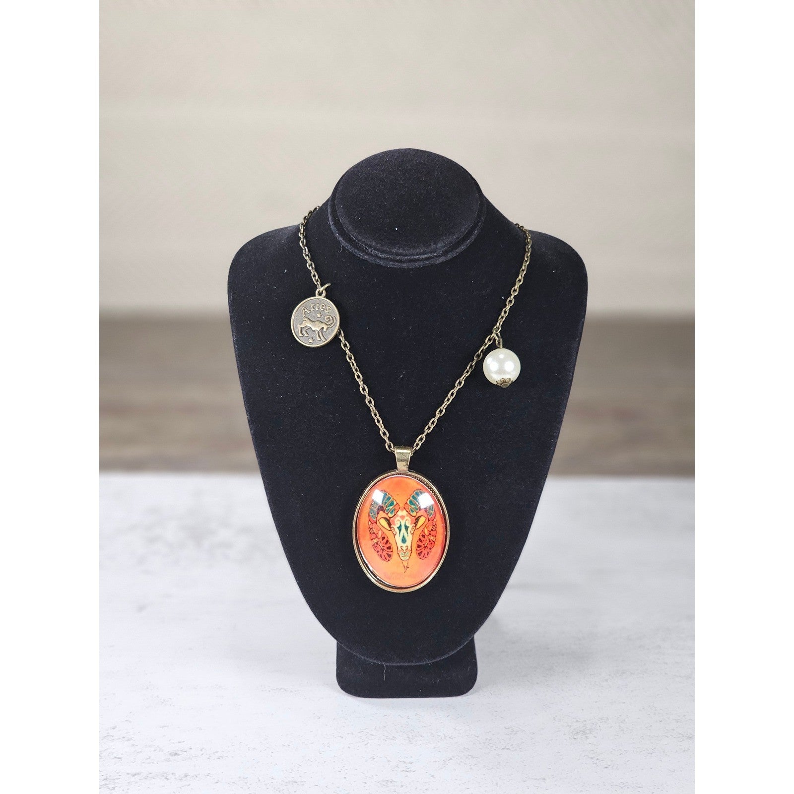 Vintage Aries Ram Pendant Necklace Zodiac Medallion Oval Charm