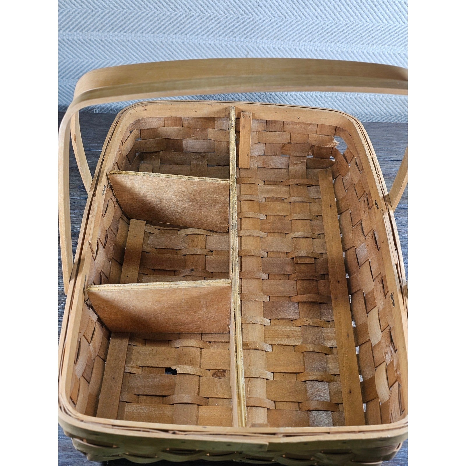 Vintage Wood Splint Divided Basket with Handle, Rustic Farmhouse Organizer