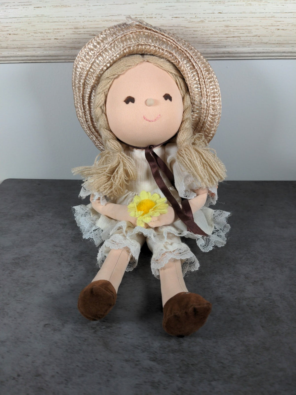 Vintage Applause Tessie Pepite Cloth Doll 1984 Straw Hat Flower Dress 12”