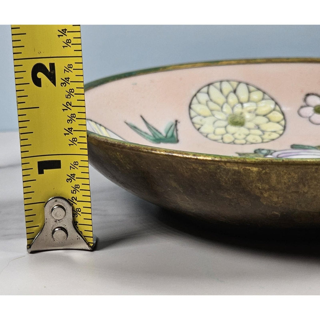 Vintage Hand-Painted Macau Floral Trinket Dish with Gold Rim