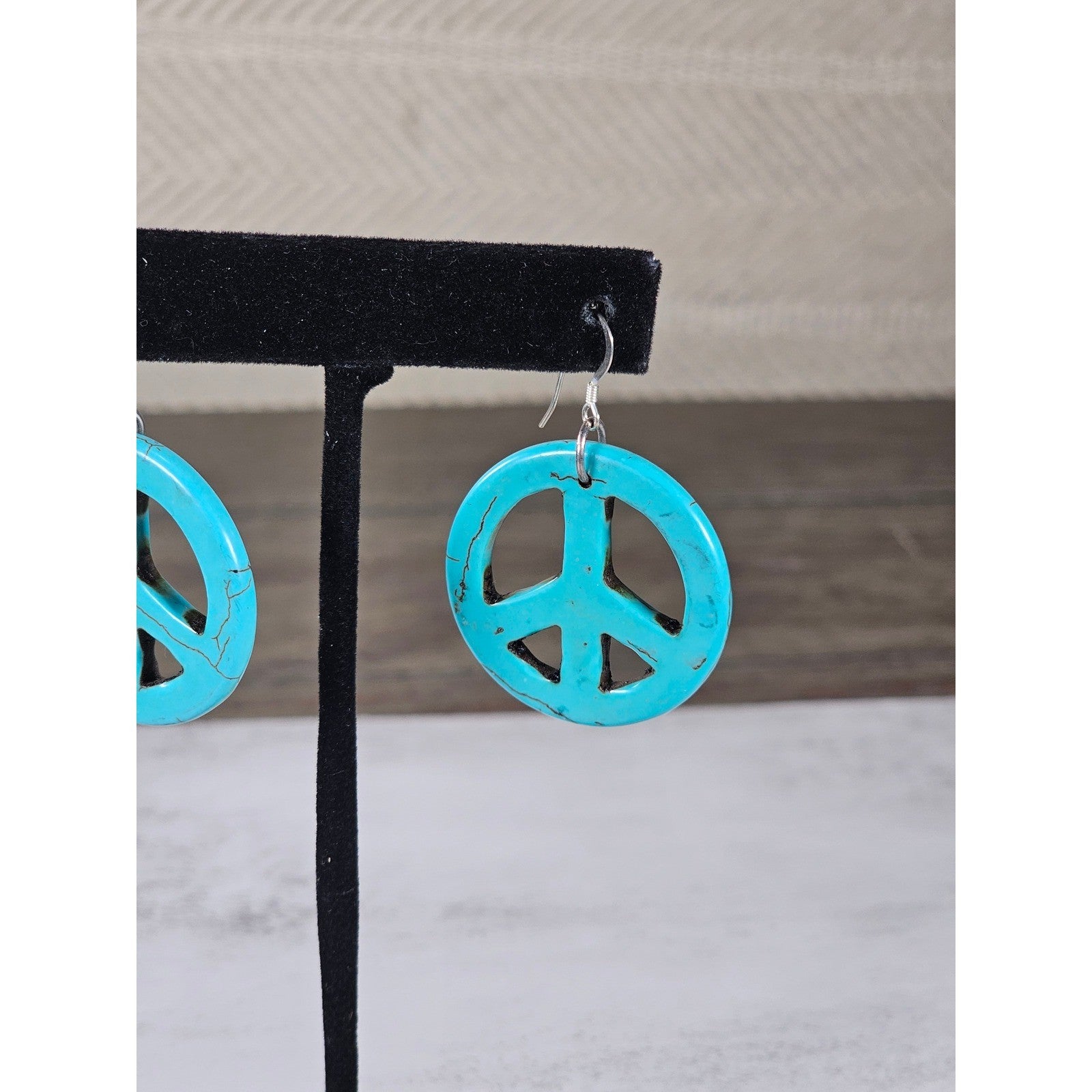 Vintage Turquoise Peace Sign Dangle Earrings Boho Hippie Style