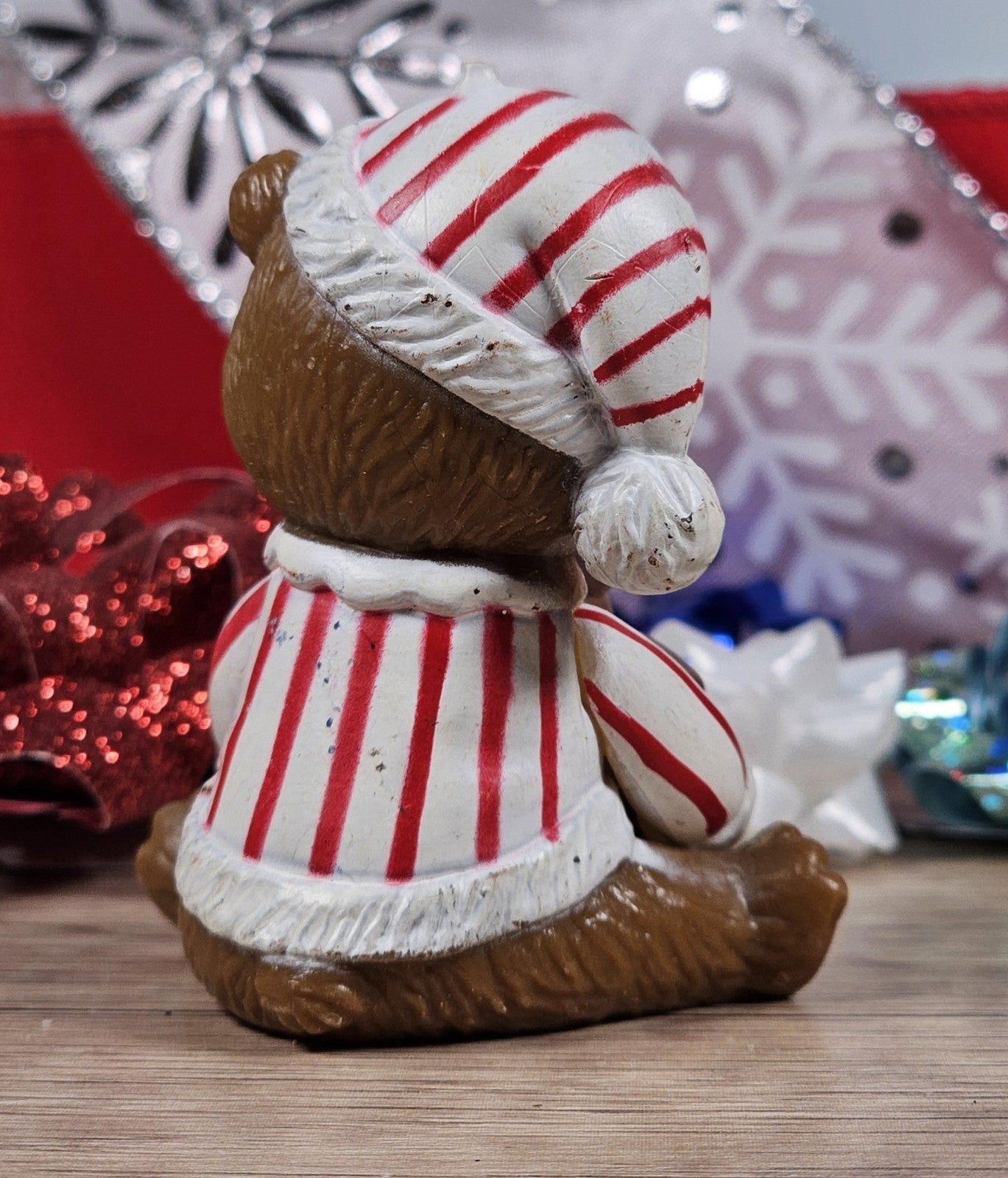 Vintage Candy Cane Pajama Bear Ornament Figurine 2.5″ Resin Holiday Decor