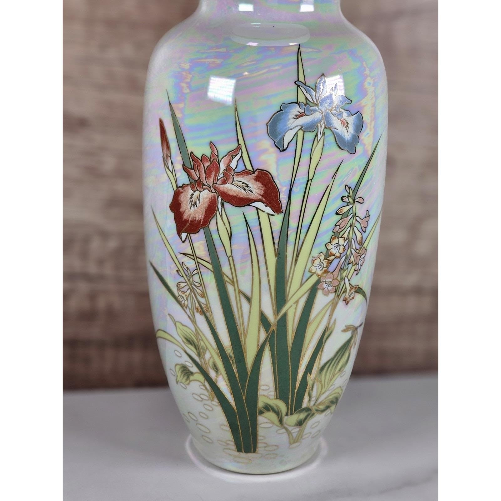Vintage Japanese Iris Vase Hand Painted Floral Gold Trim