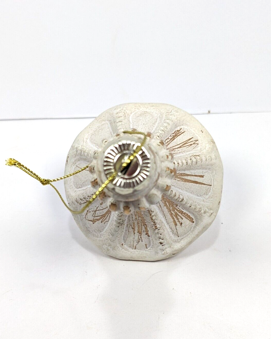 Vintage 6" Antiqued White and Gold Glass Ornament