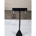 Vintage Boho Peace Sign Dangle Earrings Sterling Silver Hooks White Brown 1.5"